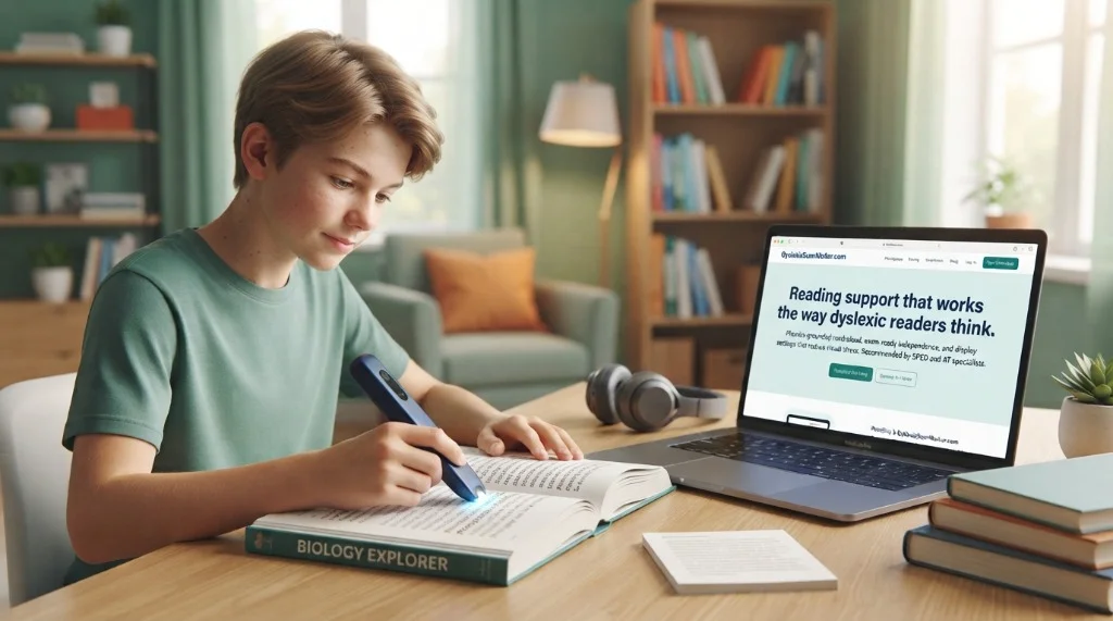 Student scanning textbook lines with a scanning pen next to a laptop displaying text software